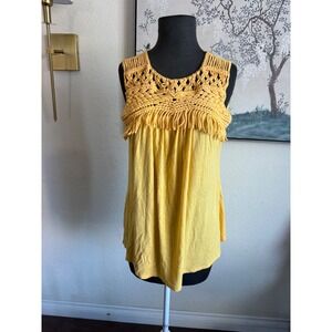 Retrology Mustard Yellow Macrame Crochet Fringe Sleeveless Boho Top Small